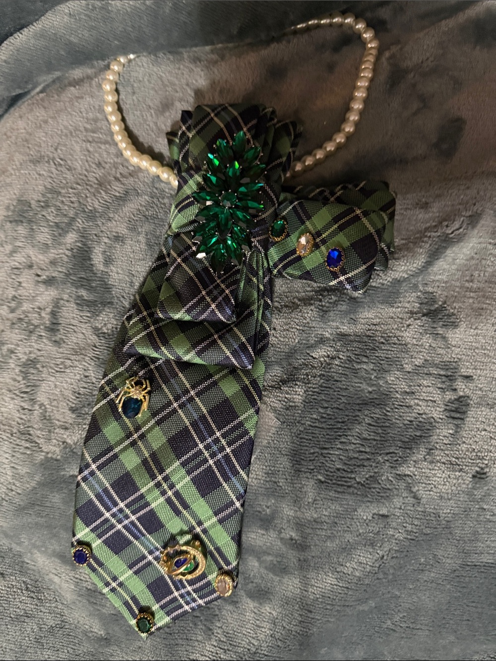 Green Plaid Decorative Neck Tie with Jewel Accents
